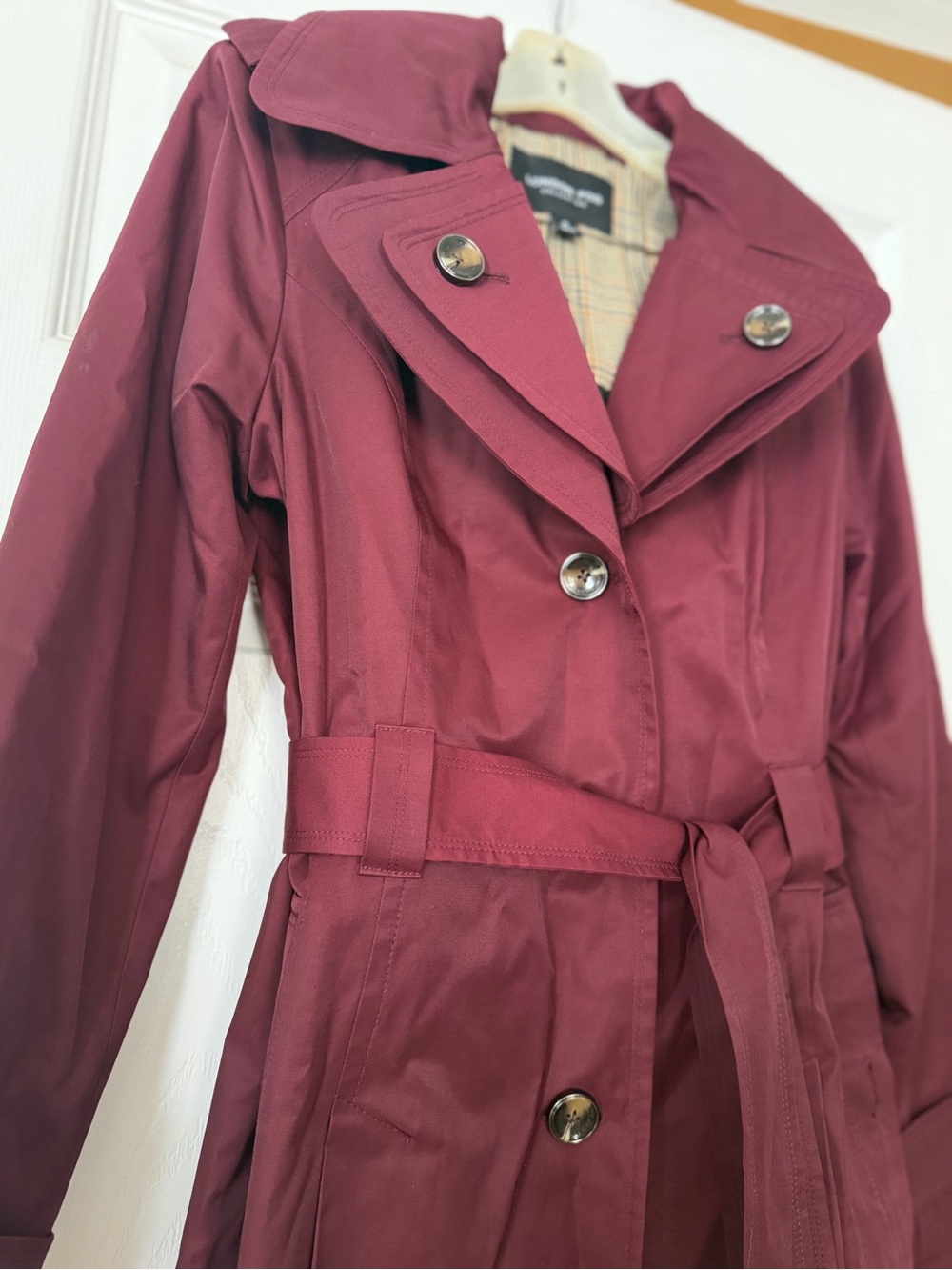 London Fog Burgundy/Maroon Trench Coat with Waist Tie - Picture 4 of 8